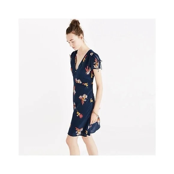 Madewell Silk Poppy Dress in Cactus Flower Navy Floral Fit and Flare Mini - Picture 15 of 16